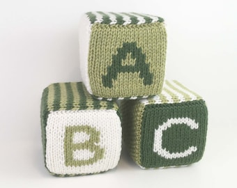 Set of Three Knitted Blocks- Greens and White