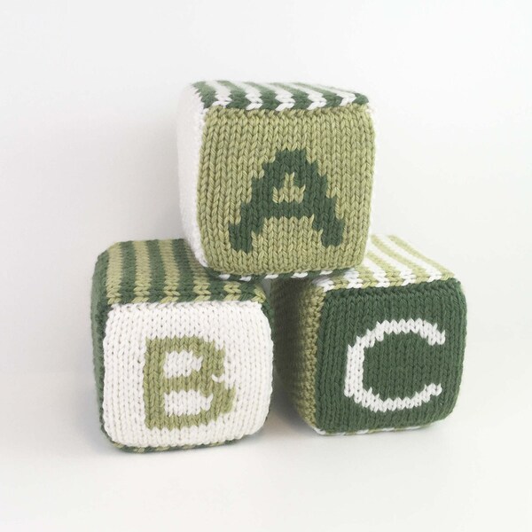 Set of Three Knitted Blocks- Greens and White