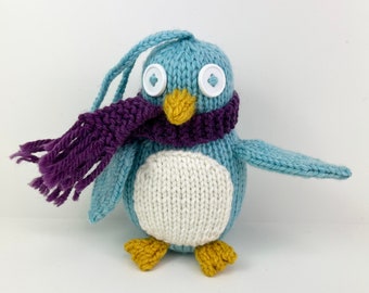 Knit Penguin Ornament- teal with purple scarf