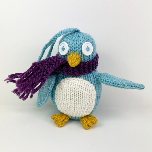 Knit Penguin Ornament- teal with purple scarf