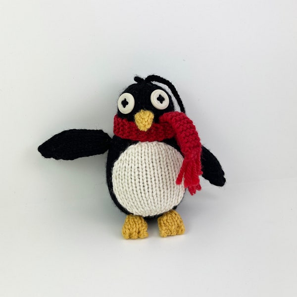 Knit Penguin Ornament- black with red scarf