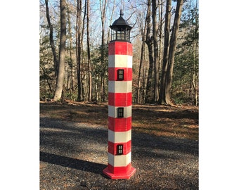 Downloadable Woodworking Plans for a 5 ft. Striped Lawn Lighthouse. Illustrated with Photos!
