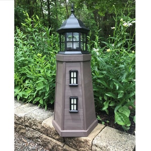 Downloadable Woodworking Plans for a 3ft. Lawn Lighthouse. Illustrated with Photos.  Add a Solar Path Light. Shown Top Available Separately.