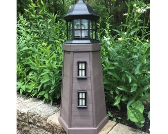 Downloadable Woodworking Plans for a 3ft. Lawn Lighthouse. Illustrated with Photos.  Add a Solar Path Light. Shown Top Available Separately.