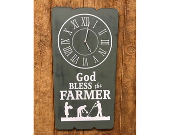 Large Handcrafted Wooden Wall Clock. Distressed, Weathered Paint Scheme with "God Bless the Farmer" Quote.