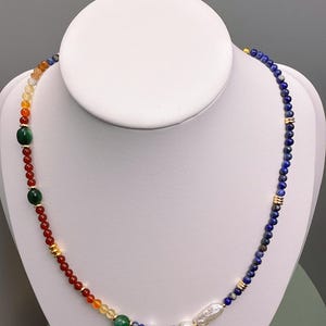 Handmade natural pearl and agate and lapis lazuli necklace