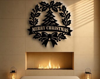 Merry Christmas Wreath Metal Sign: Black Steel Holiday Decor