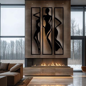 3 Panels Dancing Woman Wall Art, Minimalist Metal Panel, Modern Female Form Decor, Black Wall Hanging, Elegant Line Art Sculpture