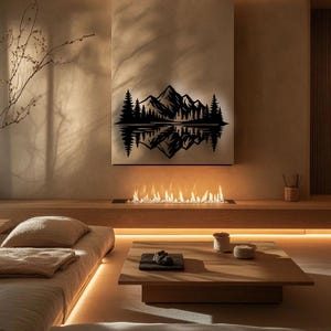 Mountain Lake Reflection Metal Wall Art: Nature Silhouette Decor