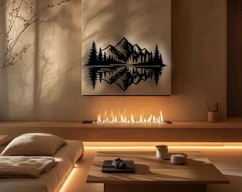 May include: A modern living room with a minimalist design. A black metal mountain and forest silhouette is mounted above a fireplace with a glowing flame. The room features a low wooden coffee table and a neutral color palette.