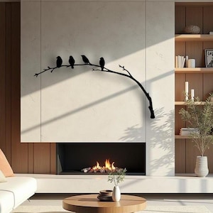 Adorno de pared de metal con pájaros en una rama, silueta de la naturaleza cortada con láser.
