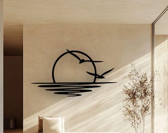 Coastal Sunrise Metal Wall Art: Seagulls Silhouette, Modern Home Decor