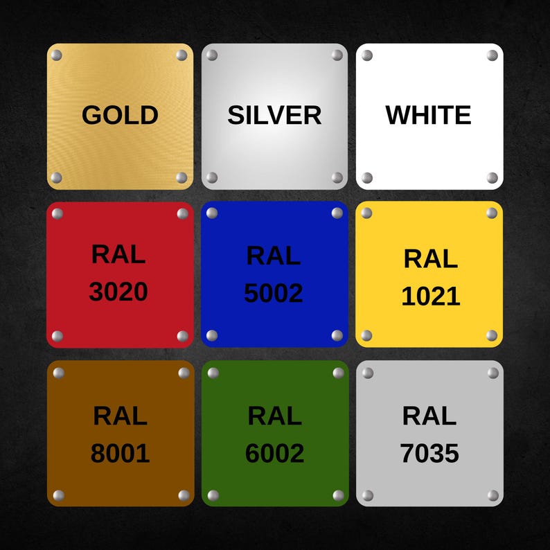 May include: Nine square metal plates with rounded corners and silver rivets. The top row features plates labelled "GOLD", "SILVER", and "WHITE". The middle row displays "RAL 3020", "RAL 5002", and "RAL 1021". The bottom row shows "RAL 8001", "RAL 6002", and "RAL 7035".