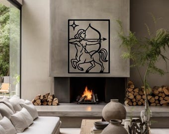 Arte de pared de metal del zodiaco Sagitario: Arte lineal de arquero, decoración bohemia para el hogar