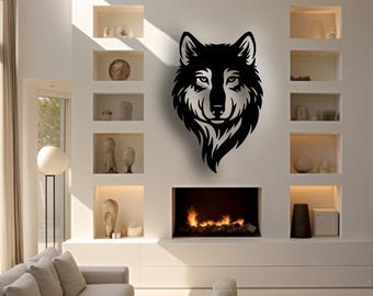 Wolf metalen muurkunst: rustiek, noords woondecoratie