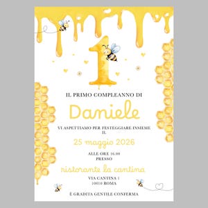 Invito digitale personalizzato primo compleanno tema miele e api giallo pronto da inviare su whatsapp
