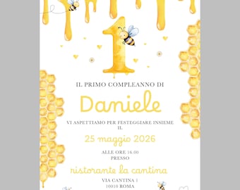 Personalized digital invitation with a yellow honey and bee theme, ready to send on WhatsApp.