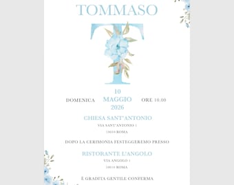 Invito digitale personalizzato prima comunione maschietto con iniziale acquerello fiore azzurro blu celeste pronto da inviare su whatsapp
