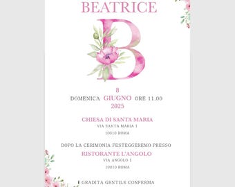 Invito digitale personalizzato prima comunione con iniziale acquerello e fiori pronto da inviare su whatsapp