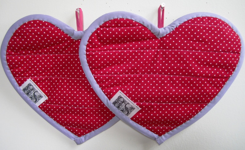 Heart Pot Holders Valentines Day Hot Pads Patchwork Quilted Set of Two \u2013 11.5 x 9 Inches