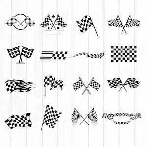 Può includere: Una collezione di 12 design di bandiere a scacchi in bianco e nero. Le bandiere sono in varie posizioni, tra cui incrociate, ondeggianti e in un cerchio. Tutte le bandiere sono in uno stile semplice e piatto.