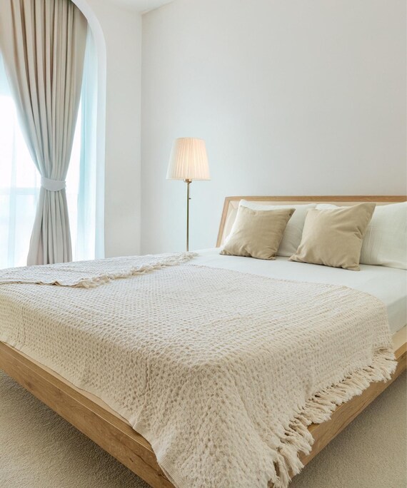 King Size Cotton Bed Spread, Cream Coloured, Textured, Summer
