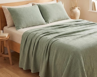 Muslin Throw, Coverlet, 4 Layer Cotton Gauze Bedspread, Anthracite, Cream, Sage Green, Terracotta Coloured