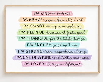 Kids Affirmation Art Print: Soft Pastel Rainbow, Inspirational Decor (Digital Download