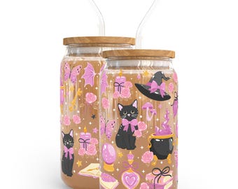 Witchy Coquette Glass Can Cup: Iced Coffee, Lid & Straw
