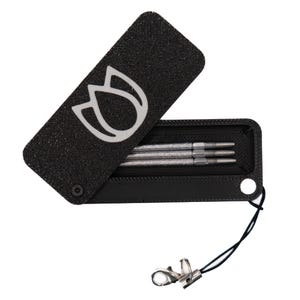 May include: Black case with a textured surface, containing three silver tools. The case features a white tulip logo on the lid and a black lanyard with a silver clasp. The case is open, showing the tools.