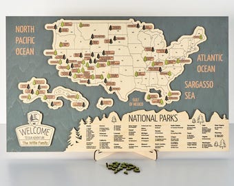 Handmade US National Parks Map: Traveler Gift, Baltic Birch Wood (24x15 inch)