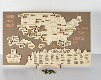 Personalized National Parks Map: Handmade Travel Tracker Sign (24x15 inch)