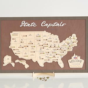 Carte de voyage en bois LEMAP des capitales d'État des États-Unis pour consigner le nombre de visites (café) Taille M : 45 x 30 cm