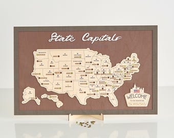 Handmade Wooden State Capitals Travel Map: US Adventure Tracker (17.5 x 11 inch)