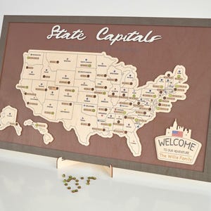 Carte de voyage en bois LEMAP des capitales d'État des États-Unis pour enregistrer les visites (café) Taille M : 61 x 40 cm