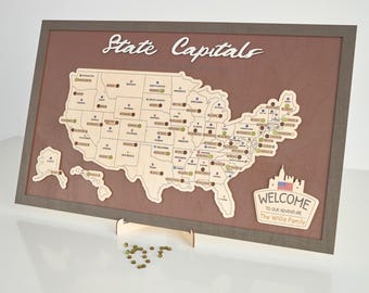 Handmade Wooden US State Capitals Travel Map (24 x 15 inch)