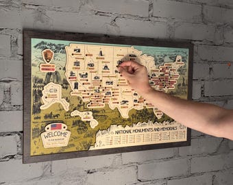 Wooden US National Monuments & Memorials Travel Map, Adventure Memory Board