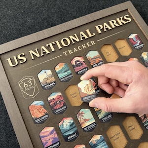 Op de afbeelding: Houten US National Parks tracker board met een grijze lijst. Het bord heeft ruimtes voor parkstickers, met de woorden "US NATIONAL PARKS TRACKER" in gouden letters. Een hand plaatst een "Capitol Reef" sticker.