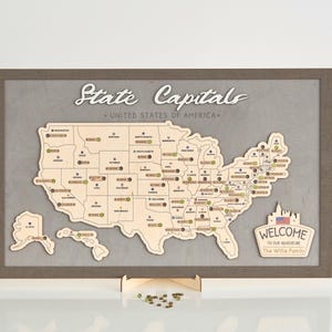 Carte de voyage en bois LEMAP des capitales d'État des États-Unis pour enregistrer les visites (gris clair) Taille L : 61 x 40 cm