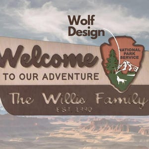 Panneau de bienvenue Lemap - Nom de famille inspiré du NPS, panneau de chambre d'enfant, NPS personnalisé, Bienvenue dans notre aventure, panneau de parc national (modèle de loup)