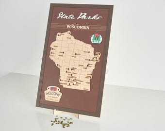 Handmade Wooden Wisconsin State Parks Travel Map with Trees
