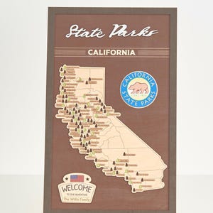 Carte en bois LEMAP des parcs nationaux de Californie avec des arbres pour enregistrer les visites dans les parcs