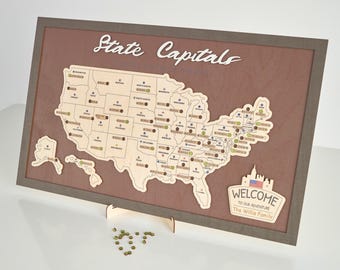 Handmade Wooden US State Capitals Travel Map (27x17 inch)
