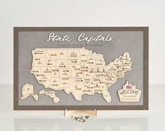 Handmade Wooden US State Capitals Travel Map (27 x 17 inch)