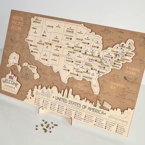 LECAP US 3D Hauptstädte Hölzerne Reisekarte zum Aufzeichnen der Besuche (New Brown)