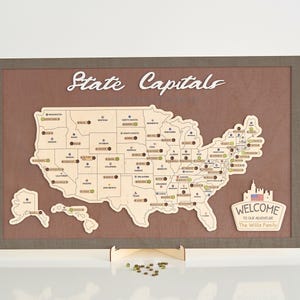 Carte de voyage LEMAP en bois des capitales d'État des États-Unis pour enregistrer les visites