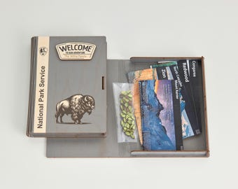 Handmade US National Park Map Organizer Box: Bison Sign, Wooden Storage