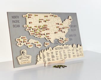 Handmade USA National Parks Push Pin Wood Map: Travel Keepsake