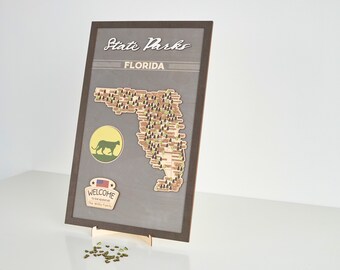 Handmade Wooden Florida State Parks Travel Map with Trees