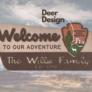 Panneau de bienvenue Lemap - nom de famille, panneau de parc national personnalisé découpé et gravé au laser en couches, panneau de mariage de parc national (Deer Design)